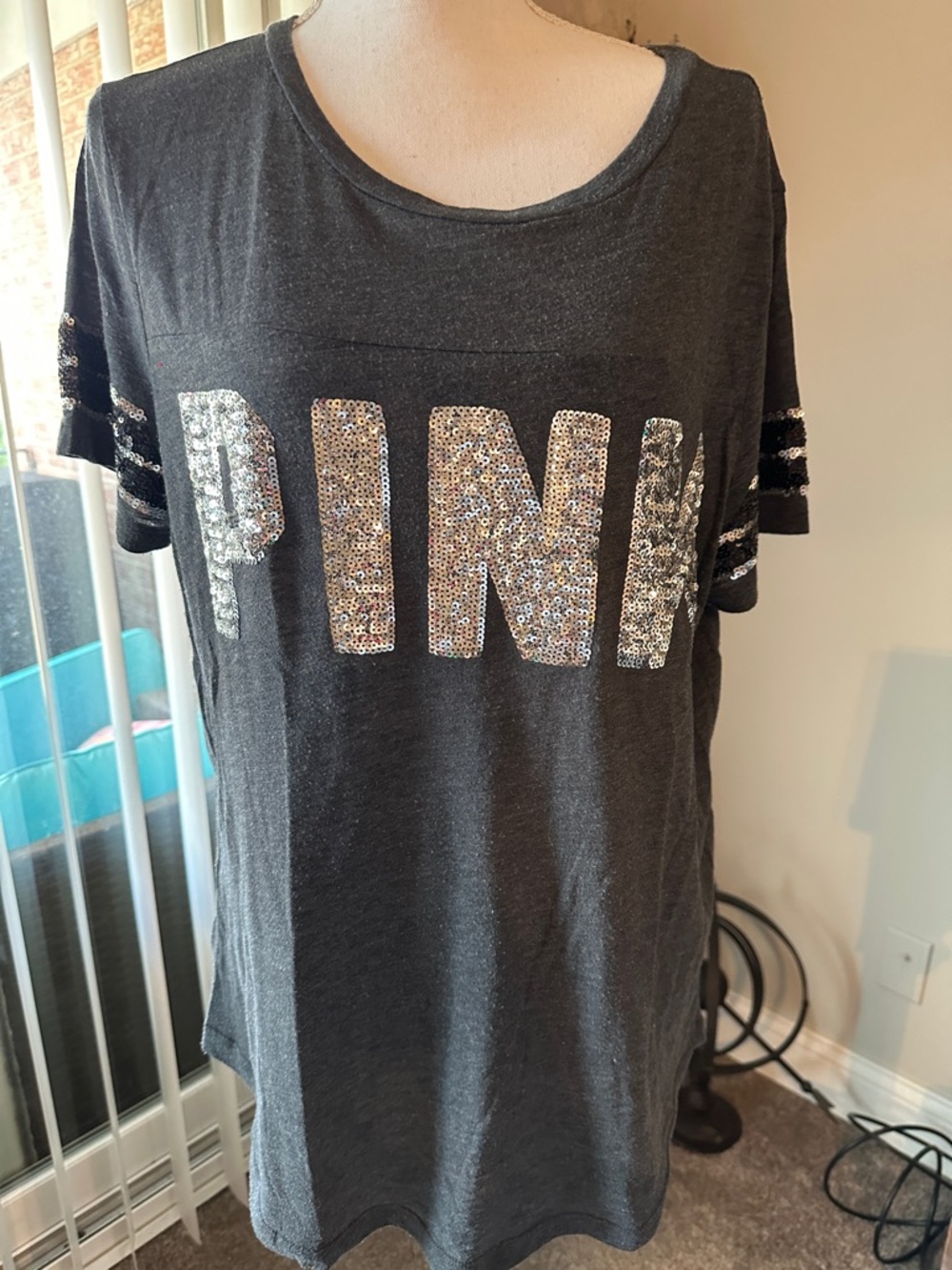 PINK Victoria's Secret Black Short Sleeve Tee with Silver Sequin Logo